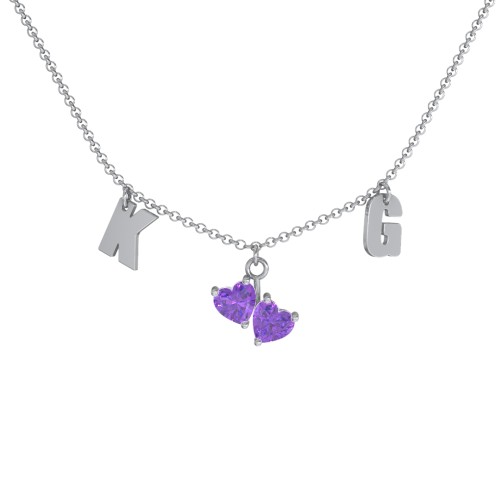 Initials Necklace with Double Heart Gemstones – Sterling Silver with Amethyst