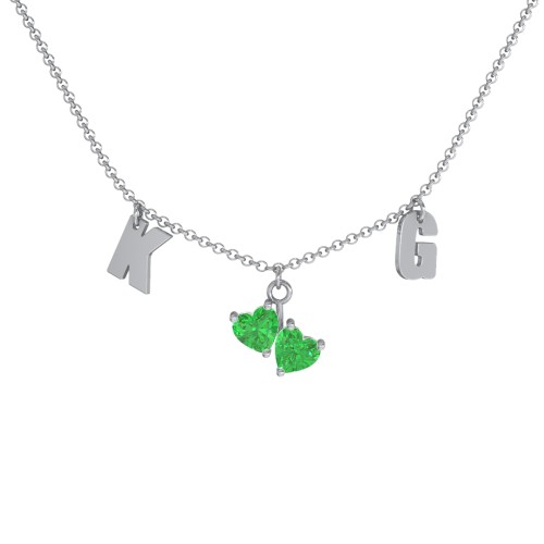 Initials Necklace with Double Heart Gemstones – Sterling Silver with Emerald
