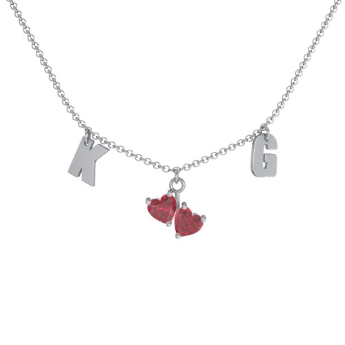 Initials Necklace with Double Heart Gemstones – Sterling Silver with Ruby