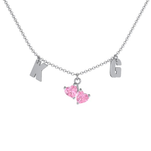 Initials Necklace with Double Heart Gemstones – Sterling Silver with Pink Tourmaline