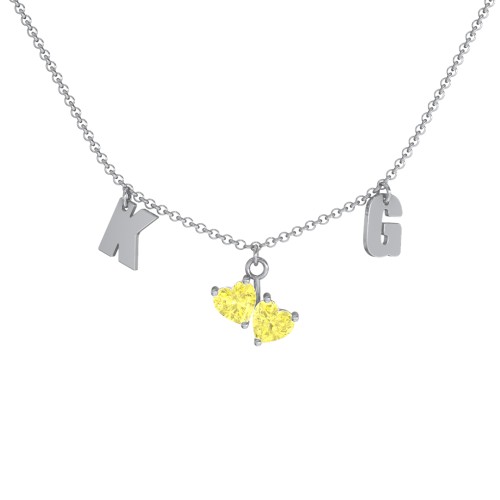 Initials Necklace with Double Heart Gemstones – Sterling Silver with Citrine