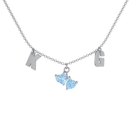 Initials Necklace with Double Heart Gemstones – Sterling Silver with Blue Topaz