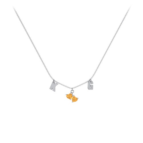 Initials Necklace with Double Heart Gemstones – Sterling Silver with Citrine