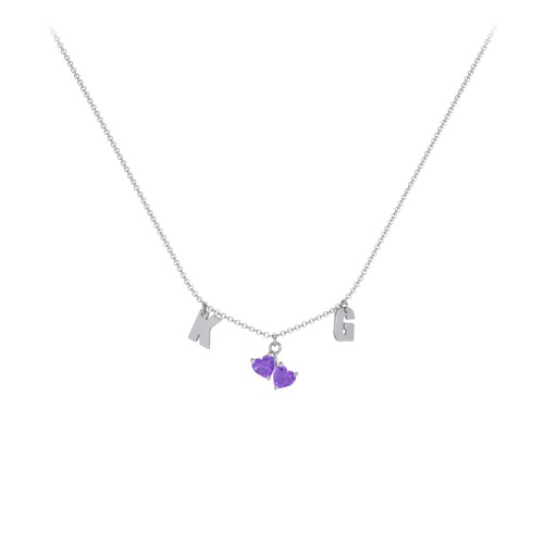 Initials Necklace with Double Heart Gemstones – Sterling Silver with Amethyst