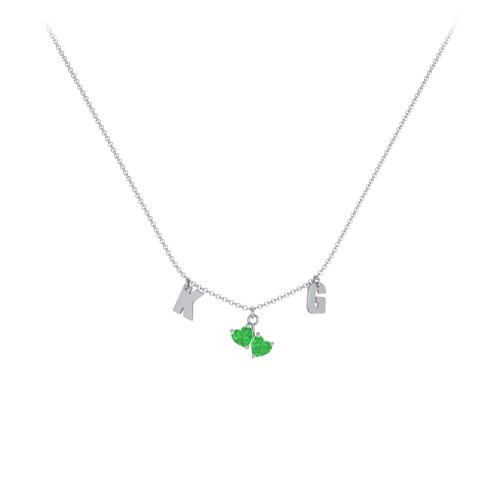 Initials Necklace with Double Heart Gemstones – Sterling Silver with Emerald