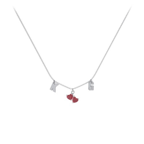 Initials Necklace with Double Heart Gemstones – Sterling Silver with Ruby