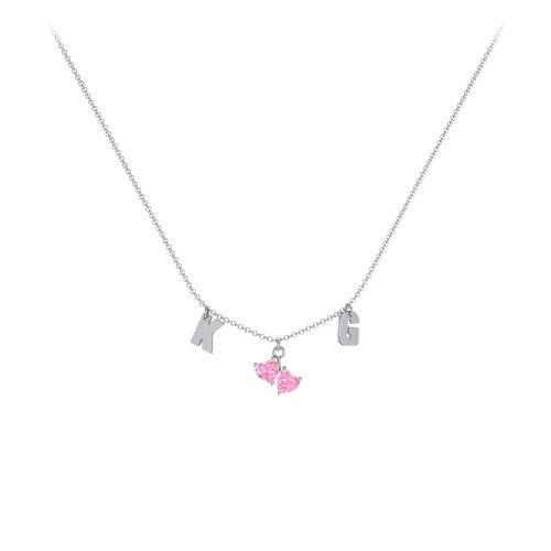 Initials Necklace with Double Heart Gemstones – Sterling Silver with Pink Tourmaline