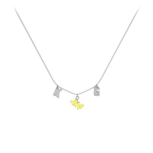 Initials Necklace with Double Heart Gemstones – Sterling Silver with Citrine