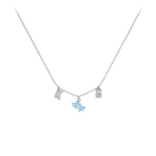 Initials Necklace with Double Heart Gemstones – Sterling Silver with Blue Topaz
