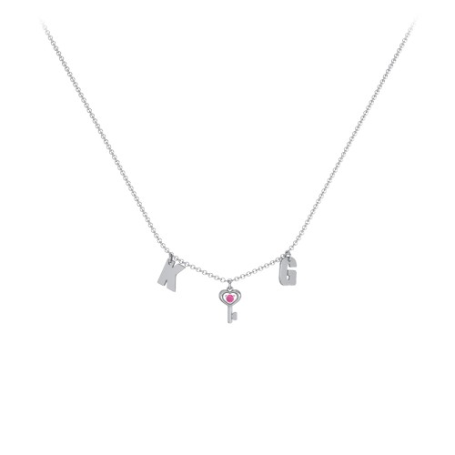Initials Necklace with Gemstone Key Charm – Sterling Silver with Ruby