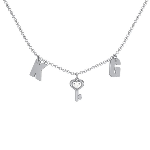 Initials Necklace with Gemstone Key Charm – Sterling Silver with Cubic Zirconia