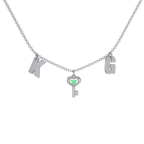 Initials Necklace with Gemstone Key Charm – Sterling Silver with Emerald