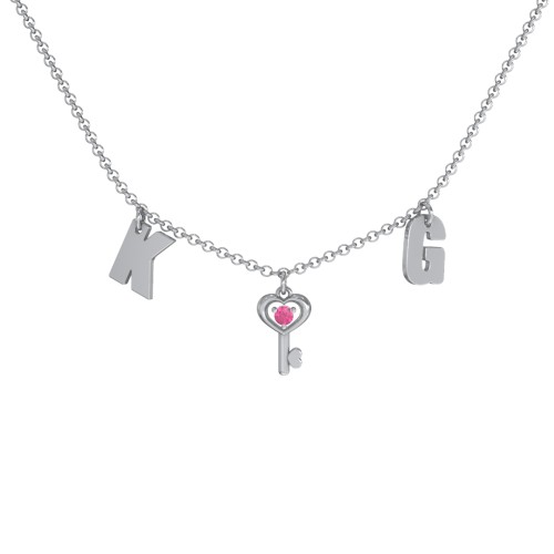 Initials Necklace with Gemstone Key Charm – Sterling Silver with Ruby