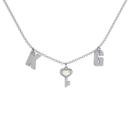 Initials Necklace with Gemstone Key Charm – Sterling Silver with Peridot