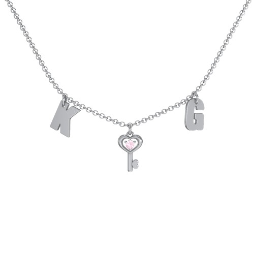 Initials Necklace with Gemstone Key Charm – Sterling Silver with Pink Tourmaline