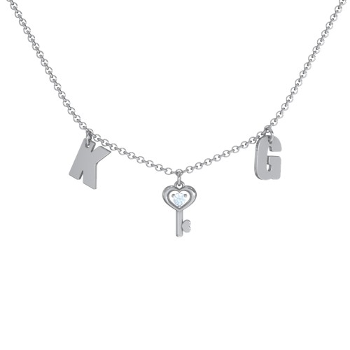 Initials Necklace with Gemstone Key Charm – Sterling Silver with Blue Topaz