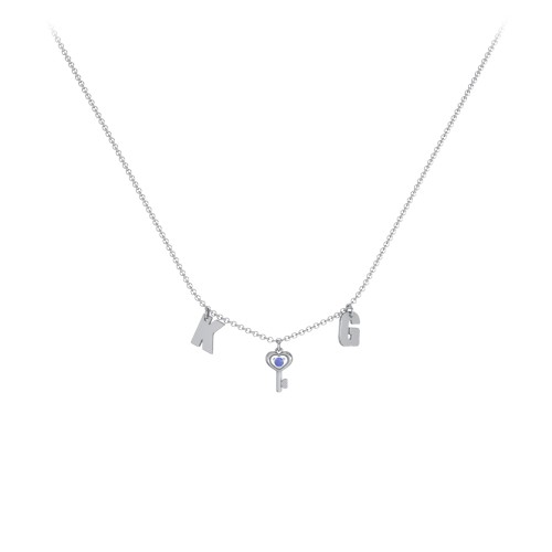 Initials Necklace with Gemstone Key Charm – Sterling Silver with Blue Sapphire