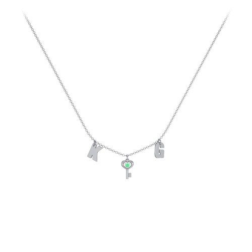 Initials Necklace with Gemstone Key Charm – Sterling Silver with Emerald