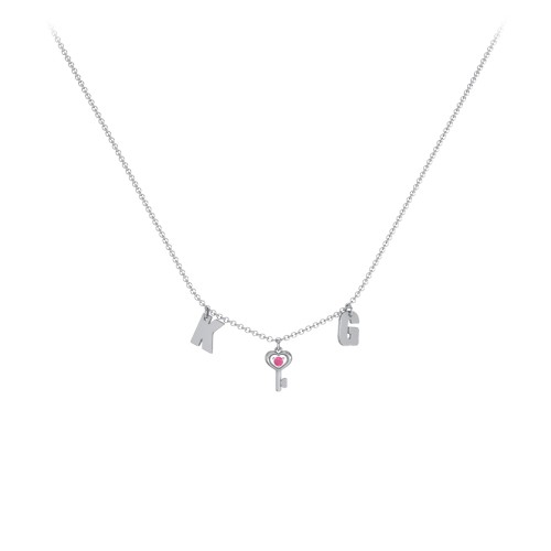 Initials Necklace with Gemstone Key Charm – Sterling Silver with Ruby