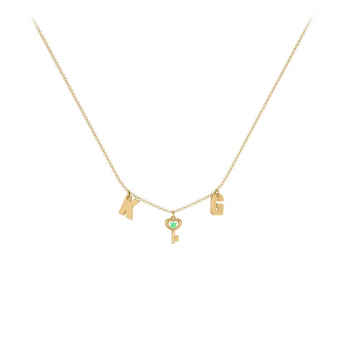 Initials Necklace with Gemstone Key Charm – 10K Yellow Gold with Emerald