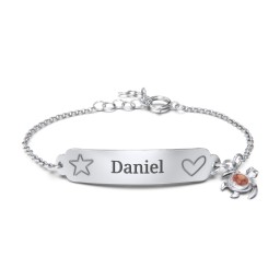 Engraved Heart and Star Baby Bracelet with Birthstone Turtle Charm in 925 Sterling Silver with Garnet