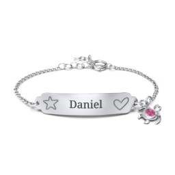 Engraved Heart and Star Baby Bracelet with Birthstone Turtle Charm in 925 Sterling Silver with Ruby