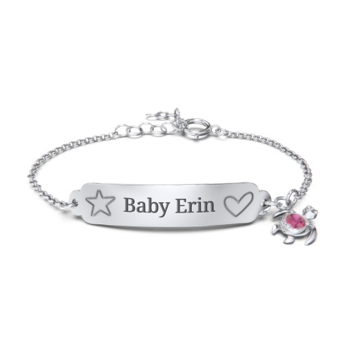 Engraved Heart and Star Baby Bracelet with Birthstone Turtle Charm – Sterling Silver with Ruby