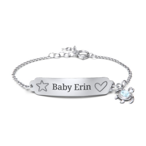 Engraved Heart and Star Baby Bracelet with Birthstone Turtle Charm – Sterling Silver with Blue Topaz