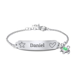 Engraved Heart and Star Baby Bracelet with Birthstone Turtle Charm in 925 Sterling Silver with Emerald