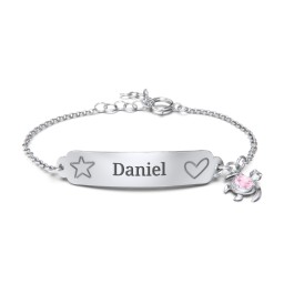 Engraved Heart and Star Baby Bracelet with Birthstone Turtle Charm in 925 Sterling Silver with Pink Tourmaline
