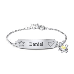Engraved Heart and Star Baby Bracelet with Birthstone Turtle Charm in 925 Sterling Silver with Citrine