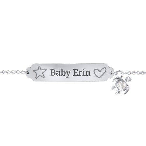 Engraved Heart and Star Baby Bracelet with Birthstone Turtle Charm – Sterling Silver with Cubic Zirconia