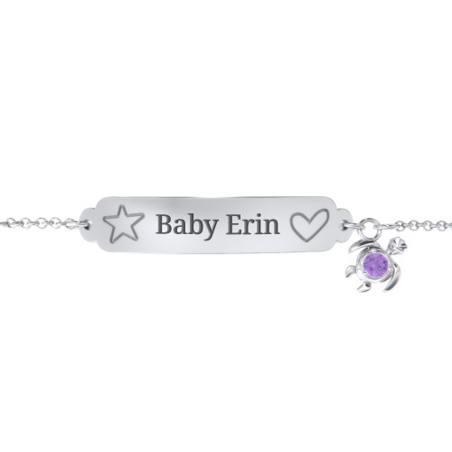 Engraved Heart and Star Baby Bracelet with Birthstone Turtle Charm – Sterling Silver with Amethyst