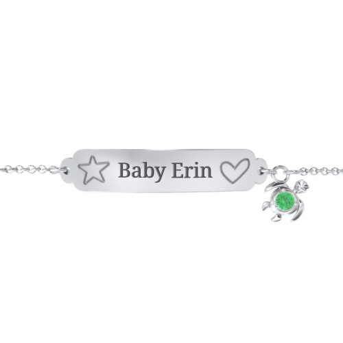 Engraved Heart and Star Baby Bracelet with Birthstone Turtle Charm – Sterling Silver with Emerald