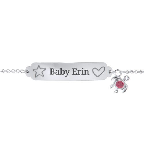 Engraved Heart and Star Baby Bracelet with Birthstone Turtle Charm – Sterling Silver with Ruby
