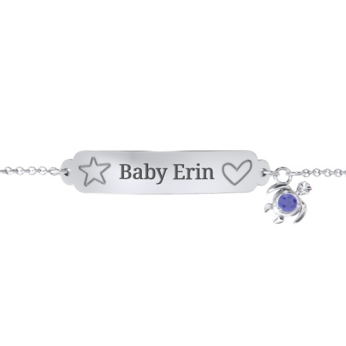 Engraved Heart and Star Baby Bracelet with Birthstone Turtle Charm – Sterling Silver with Blue Sapphire