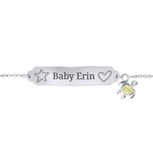 Engraved Heart and Star Baby Bracelet with Birthstone Turtle Charm – Sterling Silver with Citrine