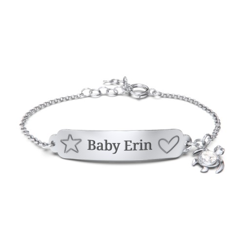 Engraved Heart and Star Baby Bracelet with Birthstone Turtle Charm – Sterling Silver with Cubic Zirconia