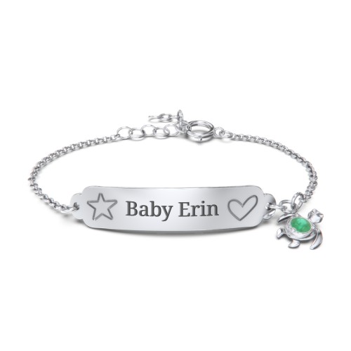 Engraved Heart and Star Baby Bracelet with Birthstone Turtle Charm – Sterling Silver with Emerald