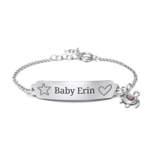 Engraved Heart and Star Baby Bracelet with Birthstone Turtle Charm – Sterling Silver with Smokey Quartz