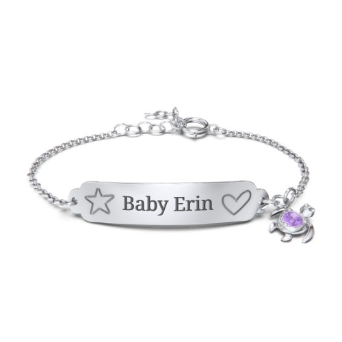 Engraved Heart and Star Baby Bracelet with Birthstone Turtle Charm – Sterling Silver with Amethyst