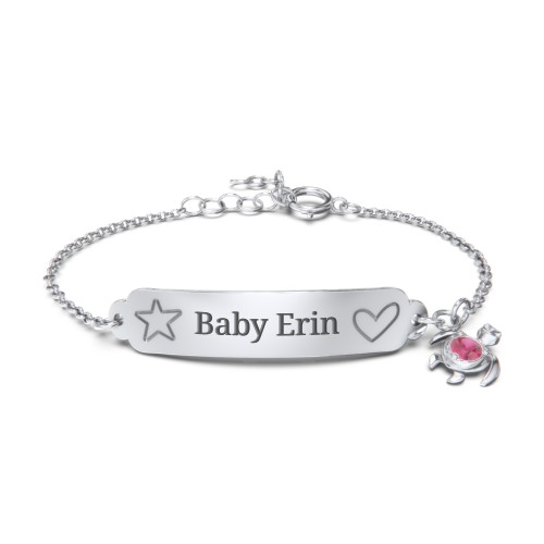 Engraved Heart and Star Baby Bracelet with Birthstone Turtle Charm – Sterling Silver with Ruby