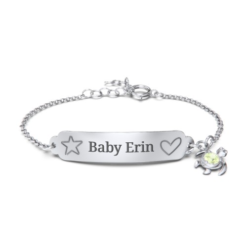 Engraved Heart and Star Baby Bracelet with Birthstone Turtle Charm – Sterling Silver with Peridot