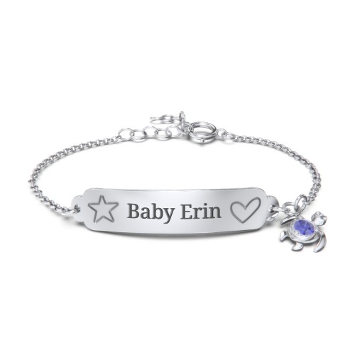 Engraved Heart and Star Baby Bracelet with Birthstone Turtle Charm – Sterling Silver with Blue Sapphire