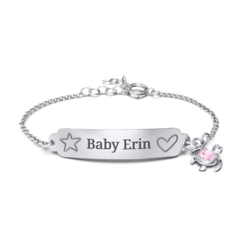 Engraved Heart and Star Baby Bracelet with Birthstone Turtle Charm – Sterling Silver with Pink Tourmaline