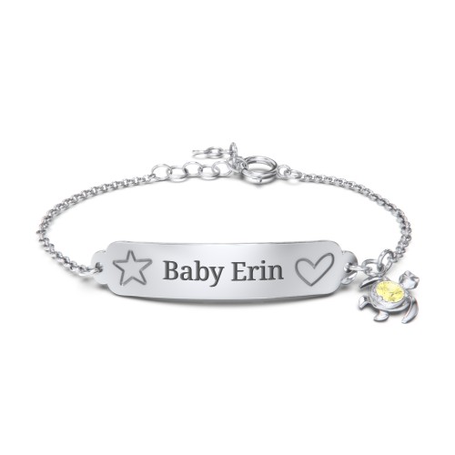 Engraved Heart and Star Baby Bracelet with Birthstone Turtle Charm – Sterling Silver with Citrine