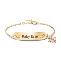 Engraved Heart and Star Baby Bracelet with Birthstone Turtle Charm in 10K Solid Yellow Gold with Amethyst