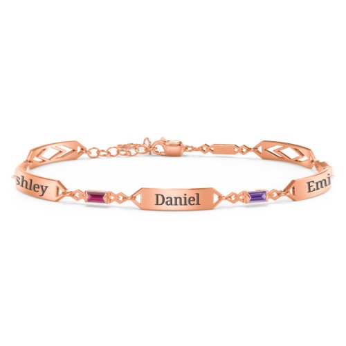 Engravable Family Bracelet with Baguette Birthstones (1-5 Stones) – 10K Rose Gold with Ruby, Amethyst, and Pink Tourmaline