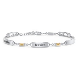 Engravable Family Bracelet with Baguette Birthstones (1-5 Stones) in 925 Sterling Silver with Citrine and Blue Sapphire