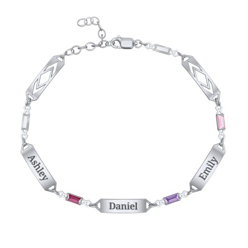 Engravable Family Bracelet with Baguette Birthstones (1-5 Stones) – Sterling Silver with Ruby, Amethyst, and Pink Tourmaline